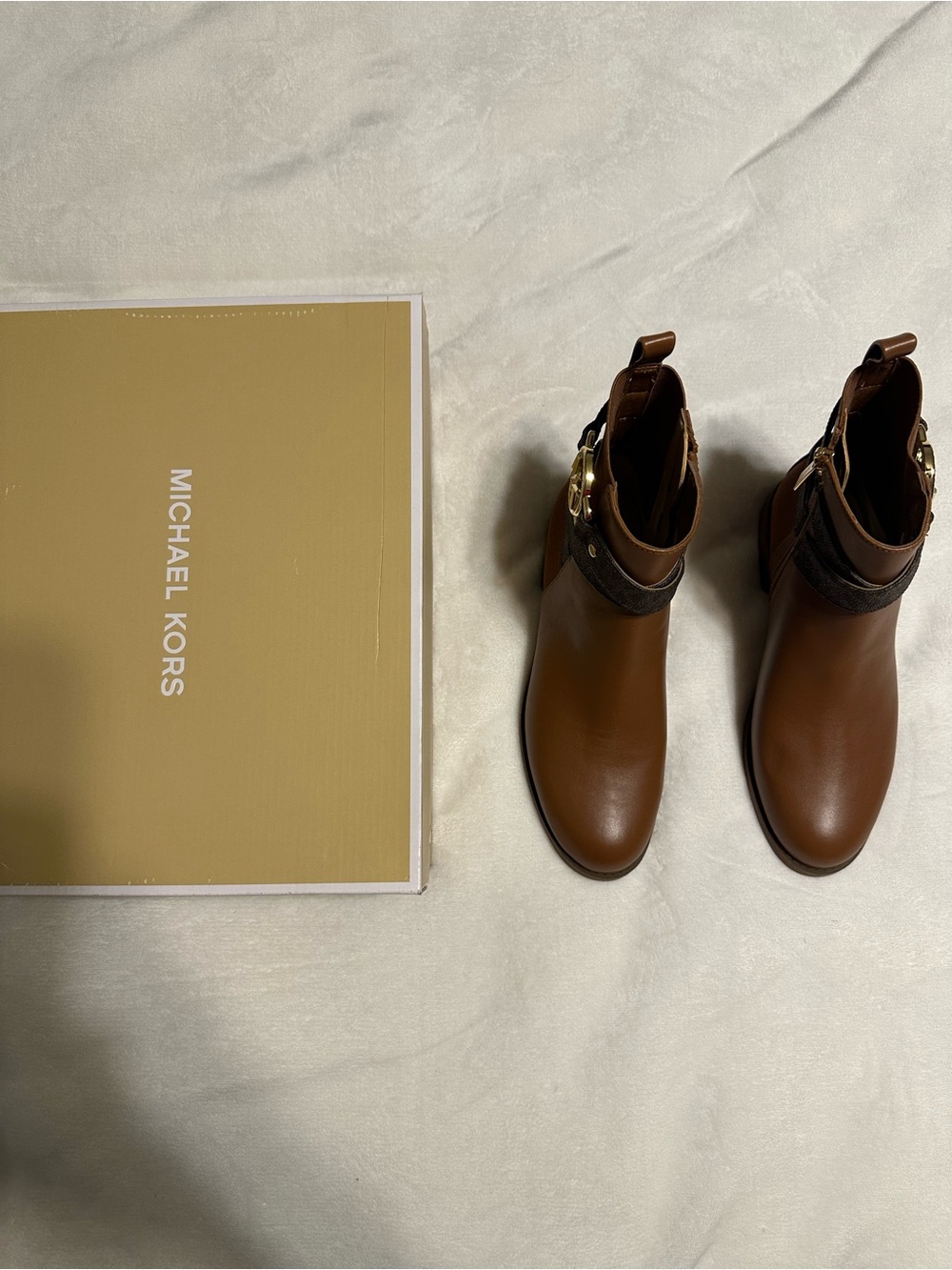 Michael Kors Cognac Brown MK Logo Leather Ankle Boots - Picture 2 of 7